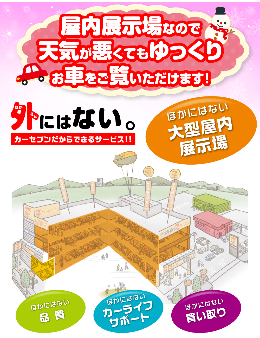 屋内展示場なので天気が悪くてもゆっくりお車をご覧いただけます。ほかにはない大型屋内展示場。カーセブンだからできるサービス！！ほかにはない品質、カーライフサポート、買い取り。